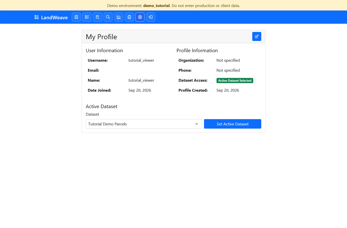 Viewer profile showing Tutorial Demo Parcels as the active dataset