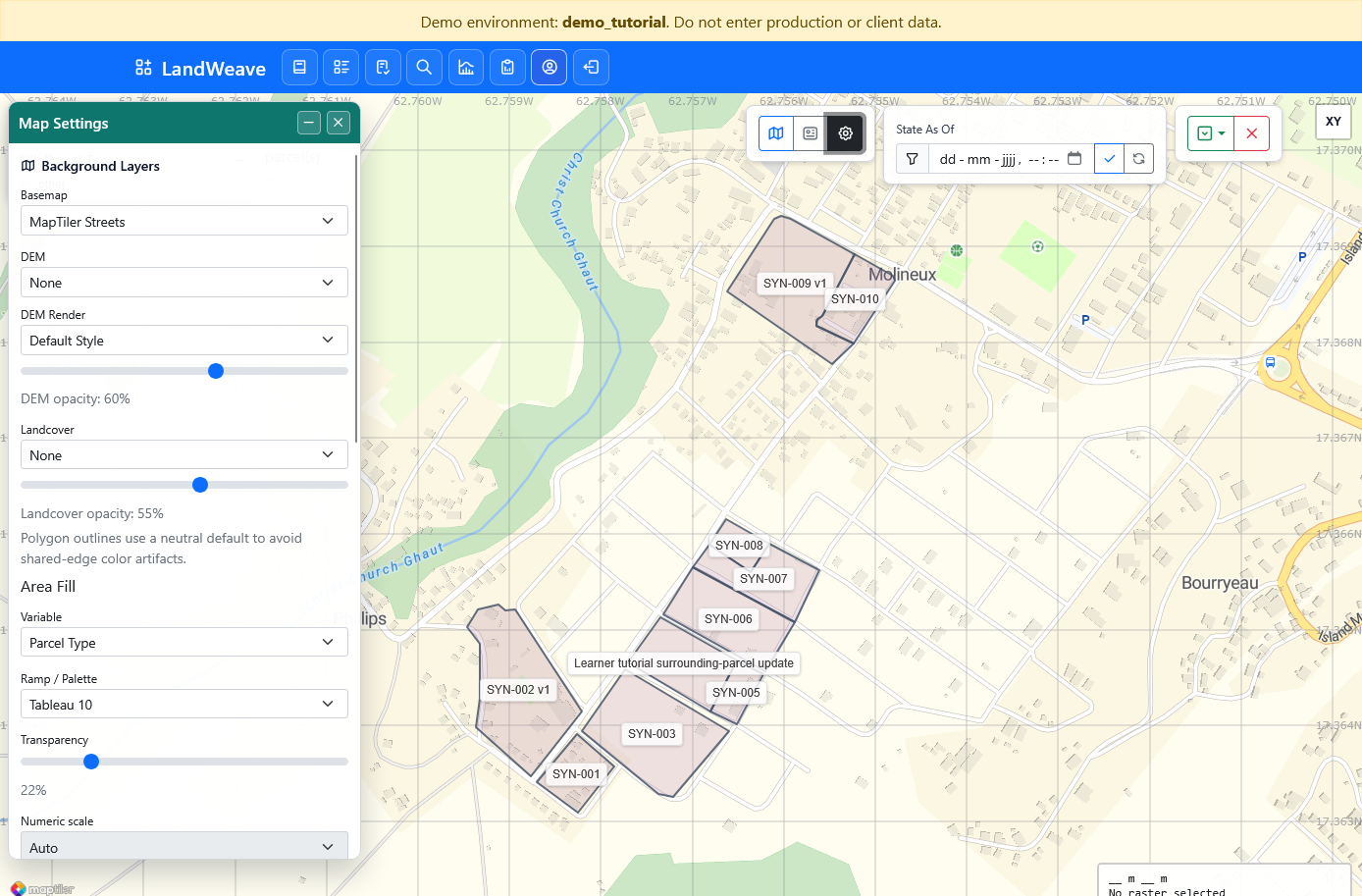 Map Settings showing the Basemap selector and parcel styling controls