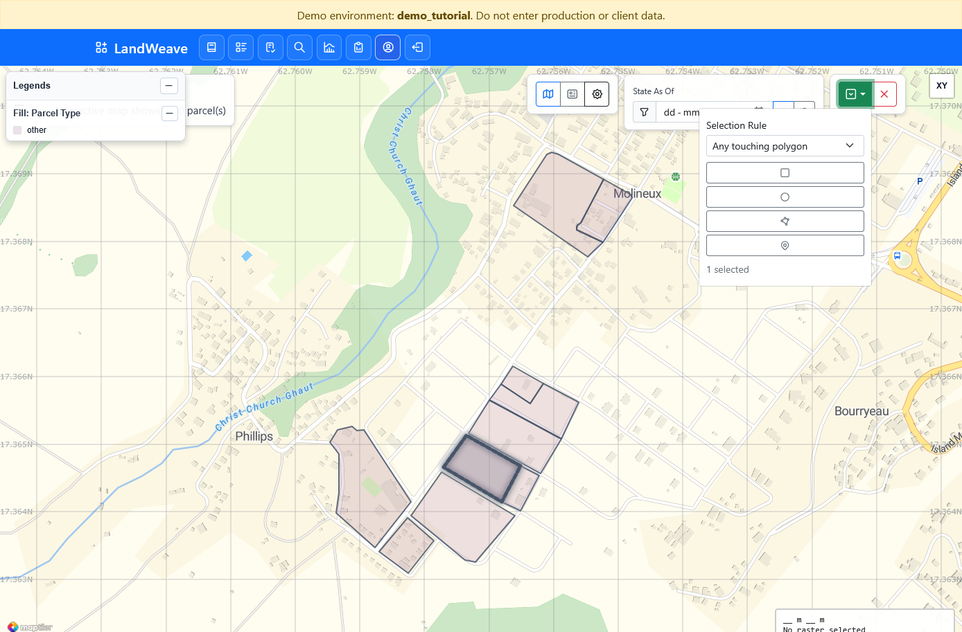 Map highlighting the selected parcel and displaying a count of one