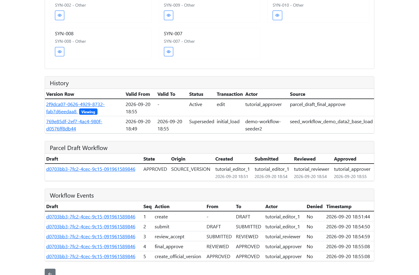 Parcel version history, approved draft, and ordered workflow events visible to Viewer